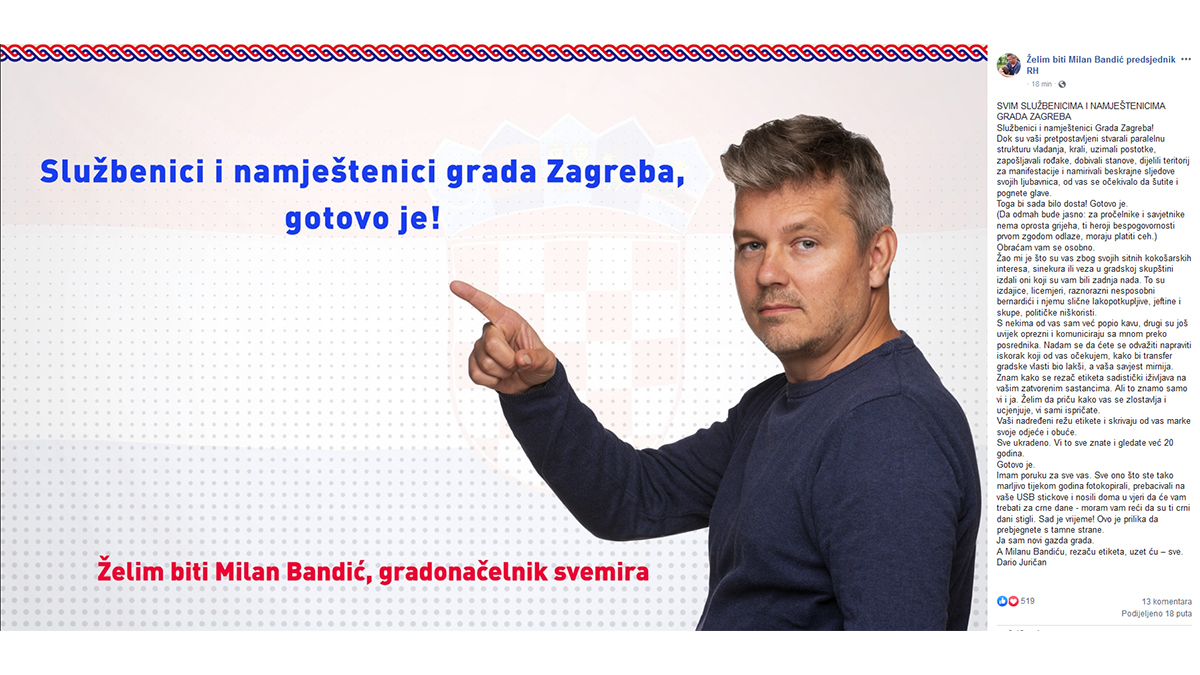 Juričan se obratio zagrebačkim službenicima, Bandiću poručio da će mu uzeti sve