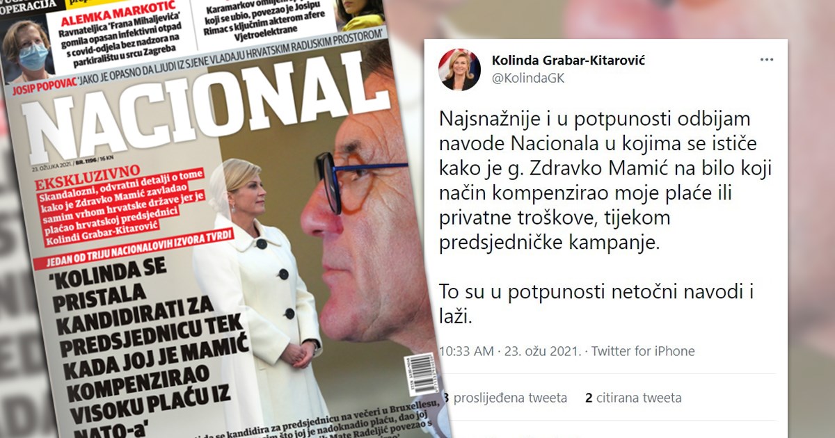 Nacional: Kolinda se kandidirala tek kad joj je Mamić kompenzirao plaću. Kolinda: Laž