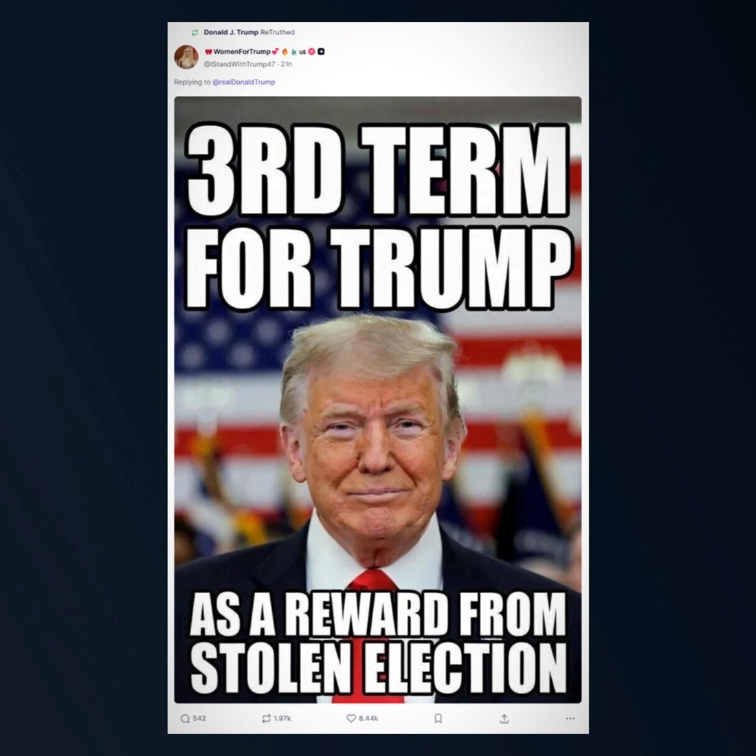 Trump podijelio objavu u kojoj se traži 3. mandat: "To je nagrada za ukradene izbore"