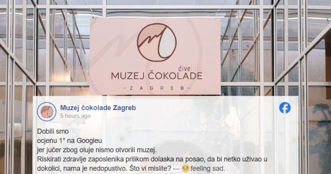 Muzej čokolade Zagreb: Netko nam je dao ocjenu 1 jer smo zatvorili zbog oluje