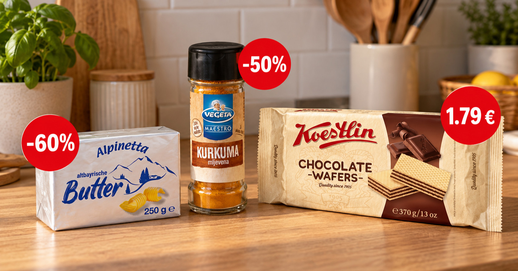 Najbolje cijene danas: Alpinetta maslac na 60% popusta, Koestlin napolitanke 1,79 €