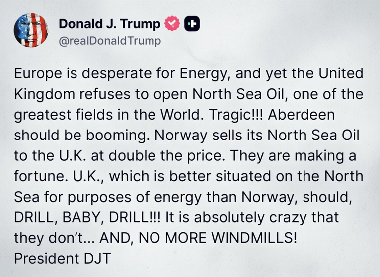 Trump: Europa očajnički treba energiju, UK treba BUŠITI. I NEMA VIŠE VJETRENJAČA