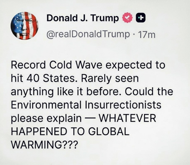 Trump se zbog ledenog vala ismijava klimatskim promjenama. I ne shvaća ironiju