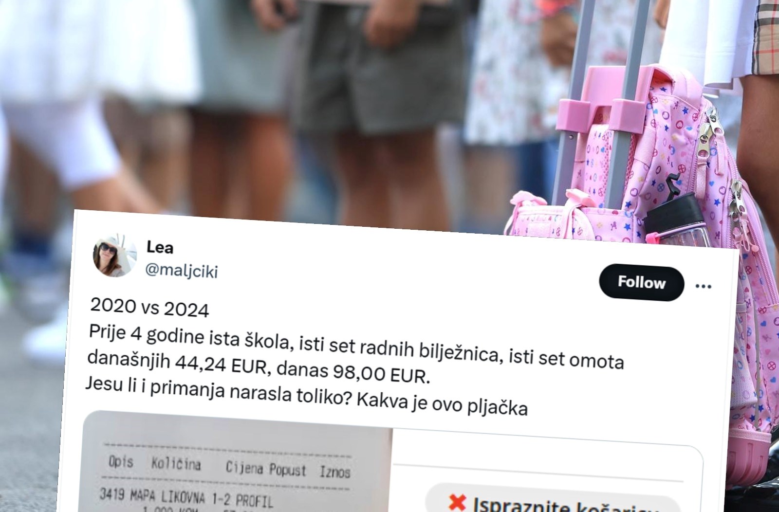Majka: Ovo je račun za knjige i radne bilježnice prije 4 godine, a ovo je cifra danas