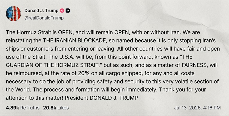 Trump: Vraćamo BLOKADU IRANA. Hormuz je OTVOREN, SAD će naplaćivati 20% svakom brodu