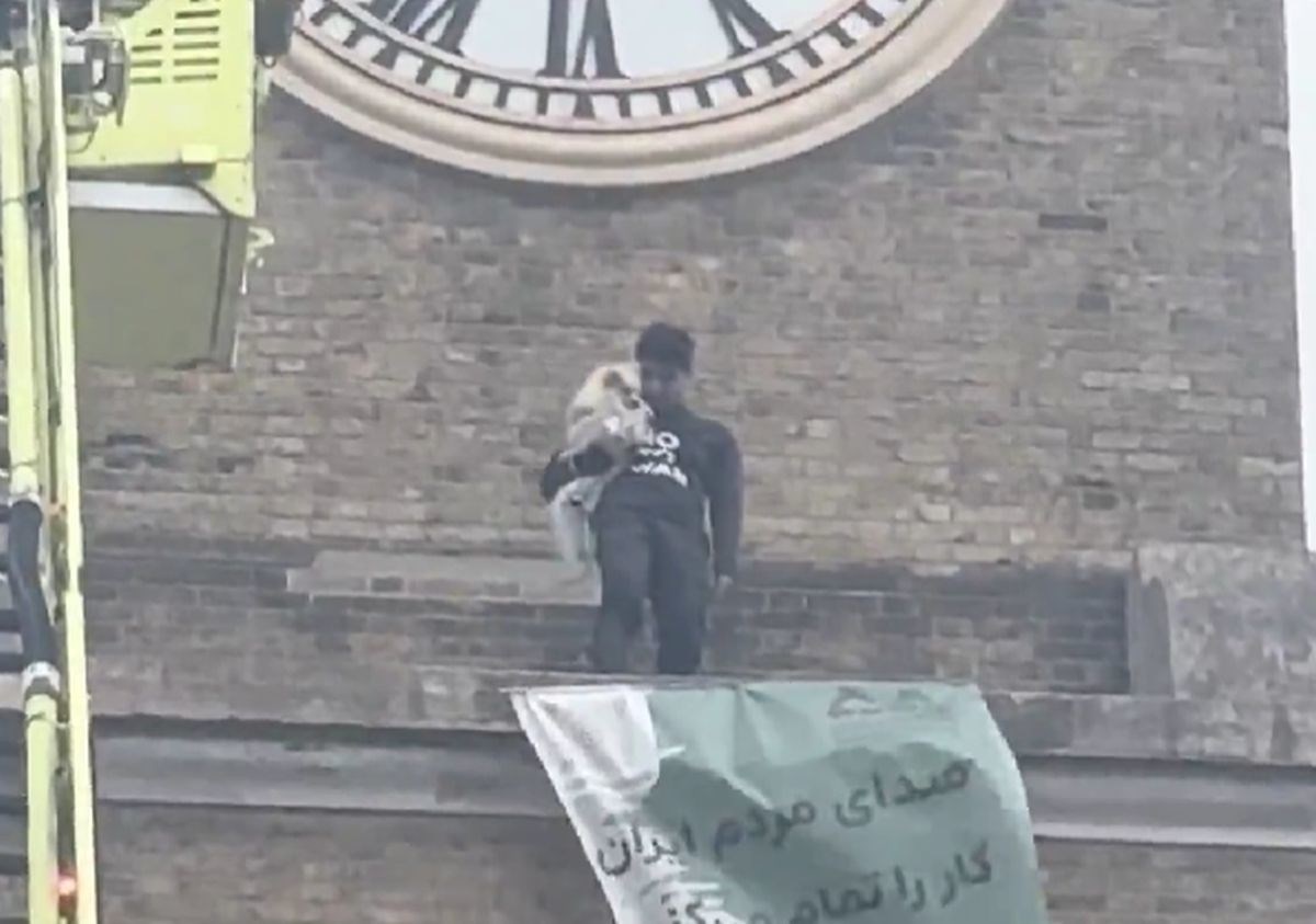 VIDEO Prosvjednik se popeo na toranj sa psom u Londonu. Spasili su ga vatrogasci