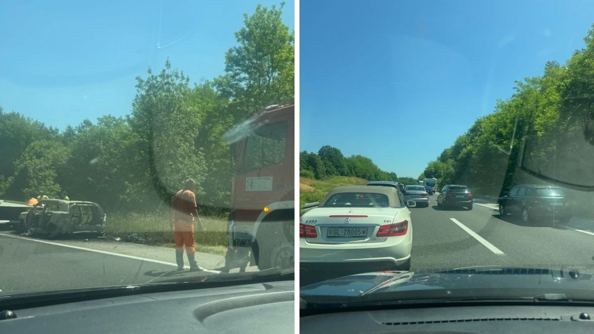 VIDEO Potpuno izgorio auto na A1. Stvorila se velika kolona: "15 minuta idemo 5 km/h"