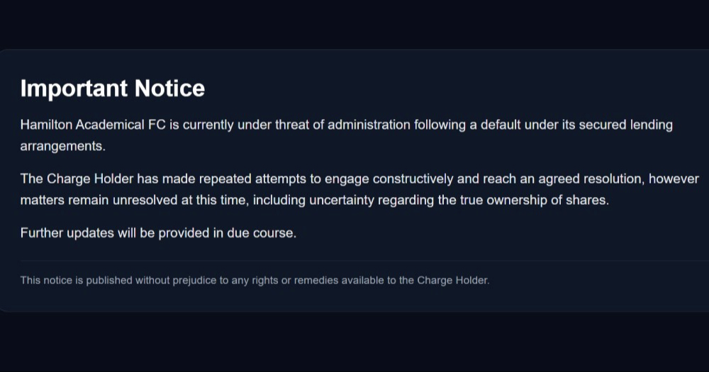 Škotske navijače na stranici kluba dočekala ova poruka. Oduzet im je 31 bod