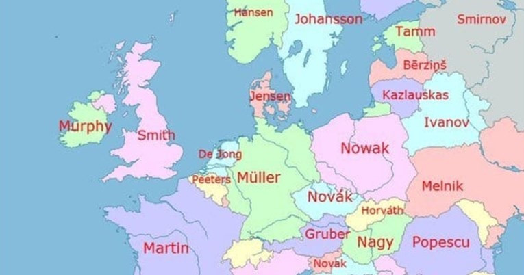 Ovo je karta s najčešćim prezimenima u Europi. Pogodite koje je najčešće u Hrvatskoj