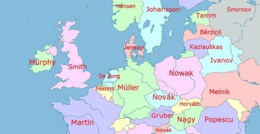 Ovo je karta s najčešćim prezimenima u Europi. Pogodite koje je najčešće u Hrvatskoj