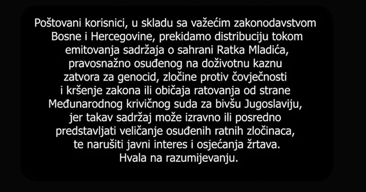 U dijelovima BiH isključen TV signal zbog prijenosa Mladićevog sprovoda