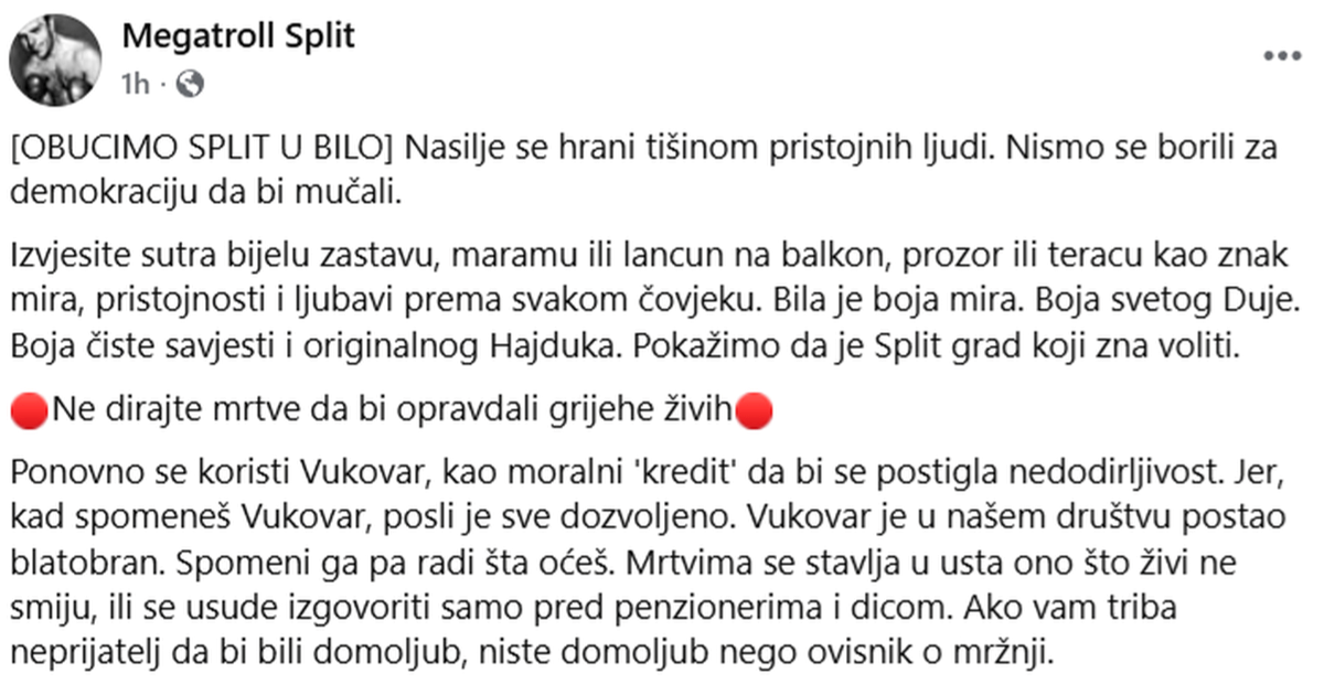 Splitska Fejs stranica zove na kontraprosvjed: "Kad spomeneš Vukovar, sve je dozvoljeno"