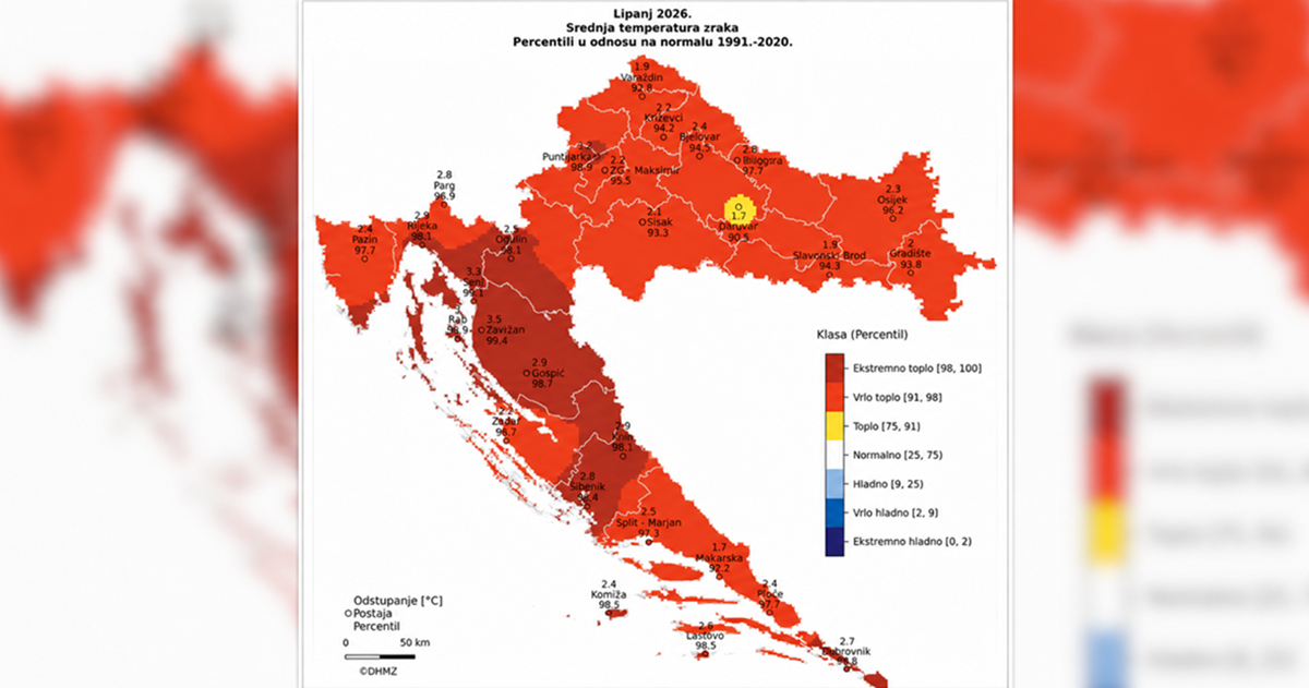 DHMZ objavio kartu temperatura za lipanj. Skoro cijela Hrvatska je u crvenom