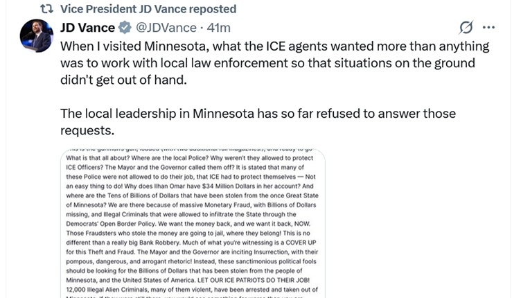 Vance napao vodstvo Minneapolisa: "Odbijaju suradnju s ICE-om, zato imamo kaos"