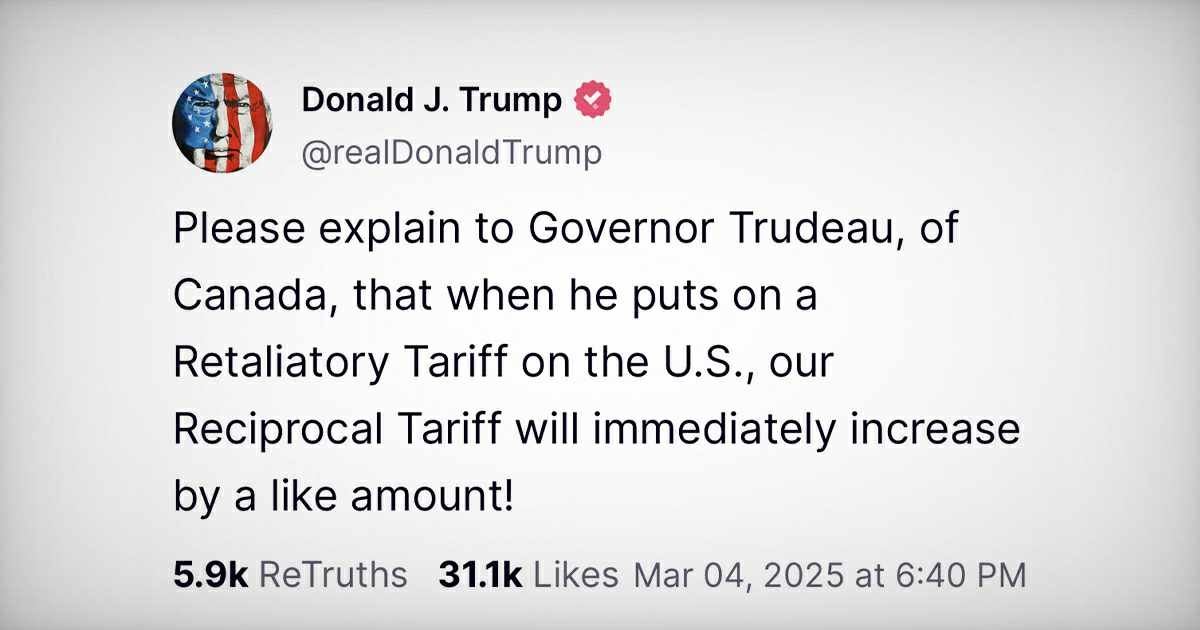 Trump: Objasnite guverneru Trudeauu da će uvođenjem protucarina naše carine porasti