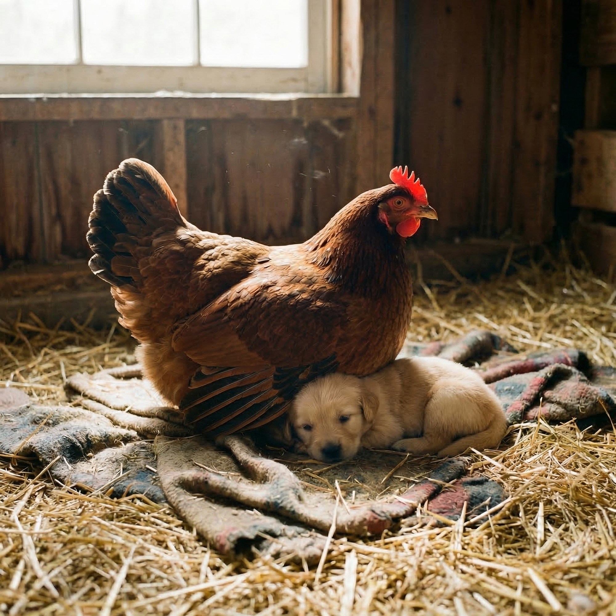 Kokoš "usvojila" novorođeno štene i grije ga pod svojim krilom