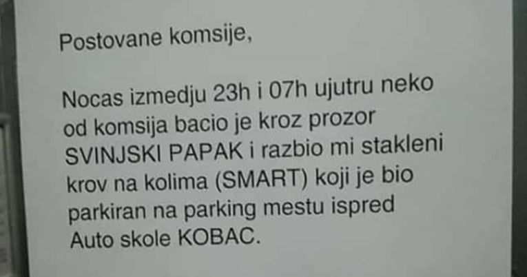 Obavijest postala hit u Srbiji: "Netko mi je svinjskim papkom razbio krov auta"
