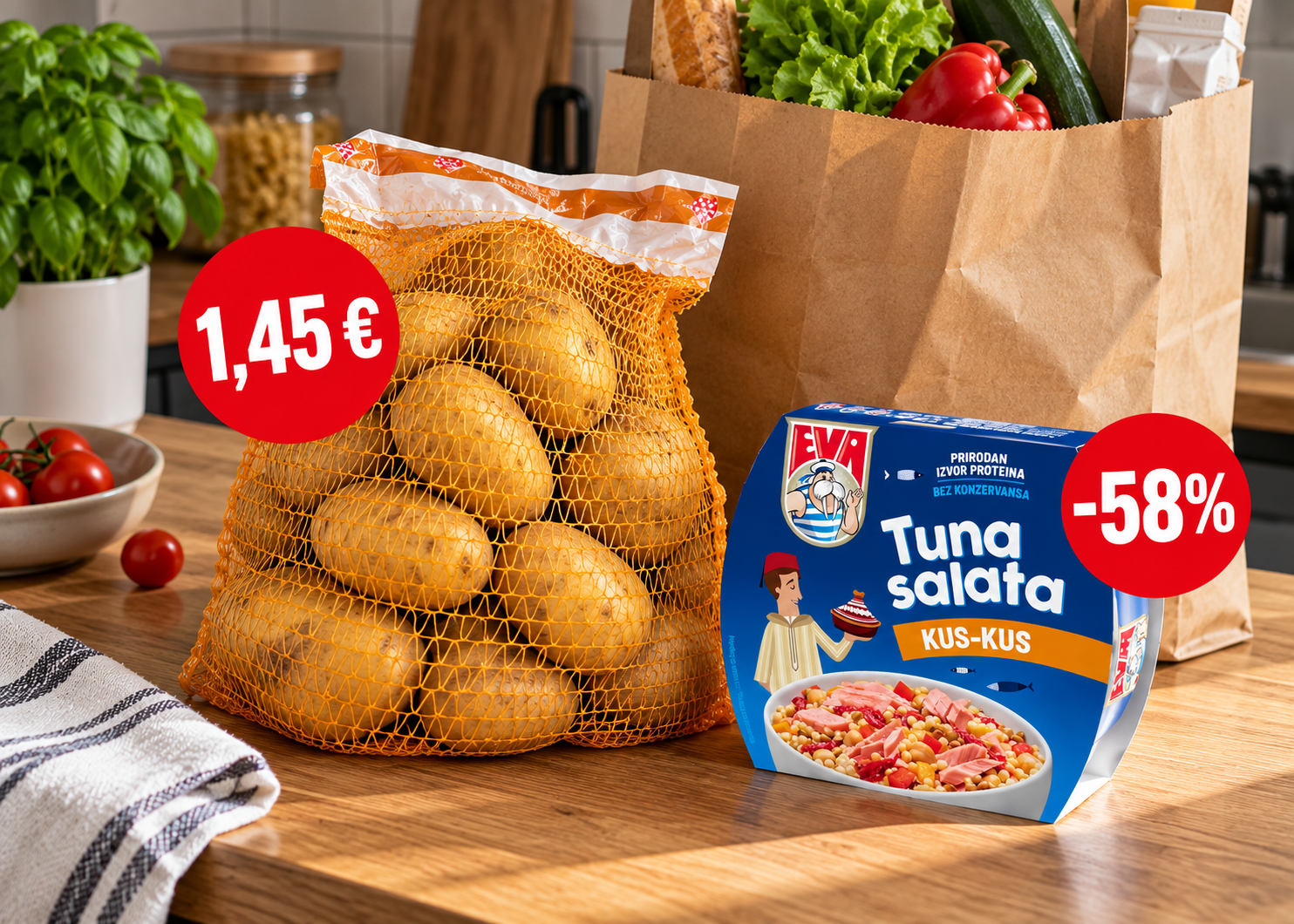Najbolje cijene danas: 5 kg krumpira za 1.45 eura, Eva tuna salata snižena 58%
