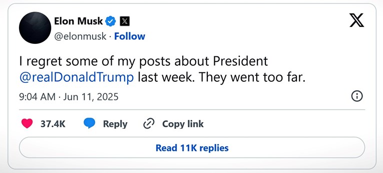 Musk: Žao mi je zbog nekih mojih objava o Trumpu