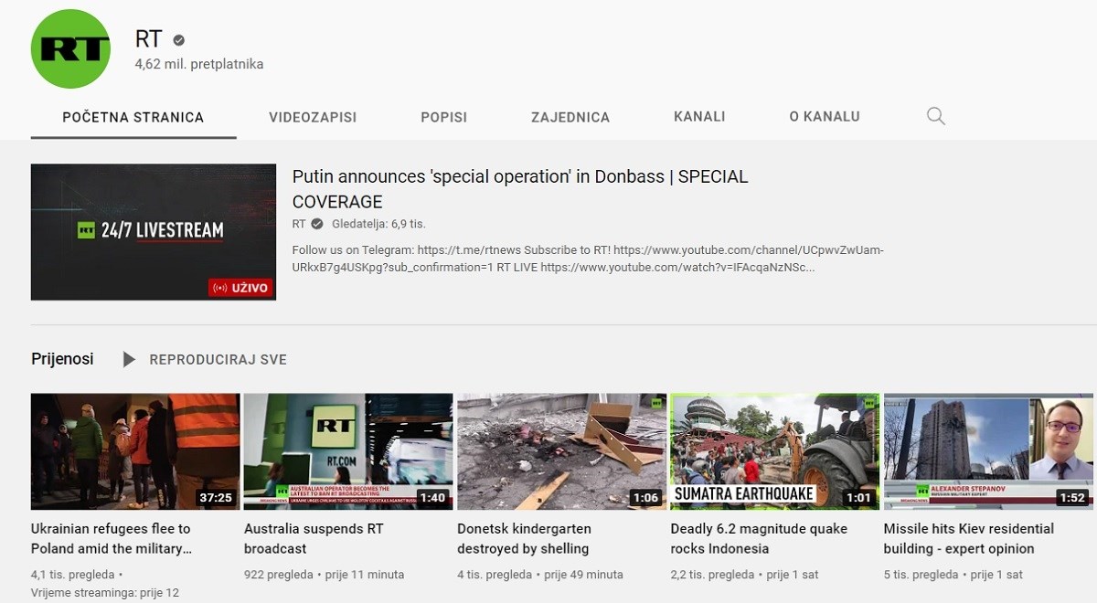 YouTube ograničava pristup kanalu Putinove televizije Russia Today