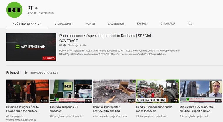 YouTube ograničava pristup kanalu Putinove televizije Russia Today