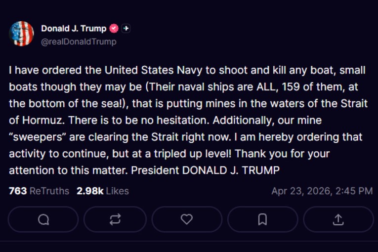 Trump: Naredio sam mornarici da puca i ubije svaki brod koji postavlja mine u tjesnacu