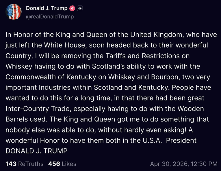 Trump ukida carine na škotski viski: "U čast kralja i kraljice"