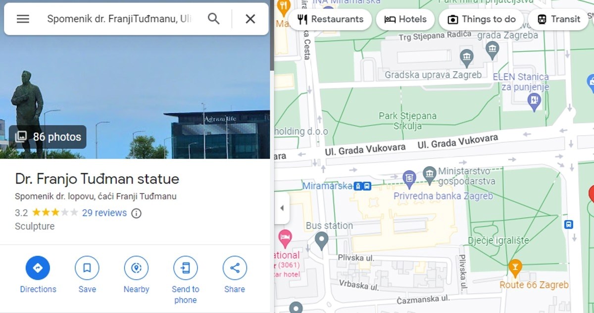 Osvanula nova fora: Pogledajte što sad na Google Mapsu piše uz spomenik Tuđmanu