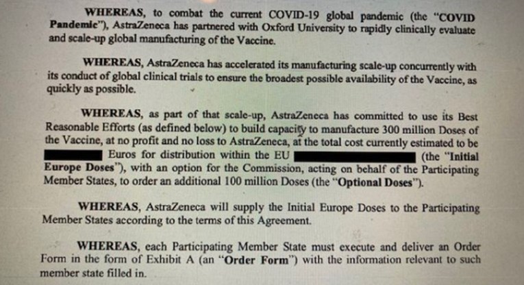 Europska komisija objavila ugovor s AstraZenecom, puno toga je zatamnjeno