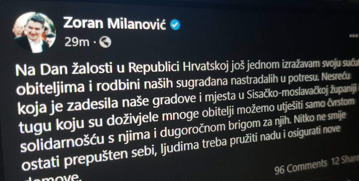 Milanović: Tugu možemo utješiti samo čvrstom solidarnošću