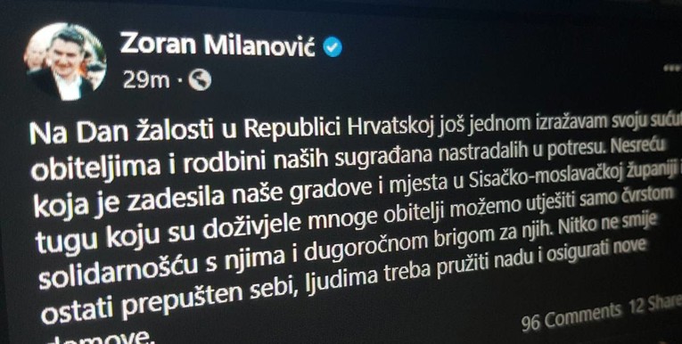 Milanović: Tugu možemo utješiti samo čvrstom solidarnošću