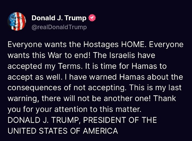 Trump Hamasu: Ovo vam je zadnje upozorenje. Drugog neće biti