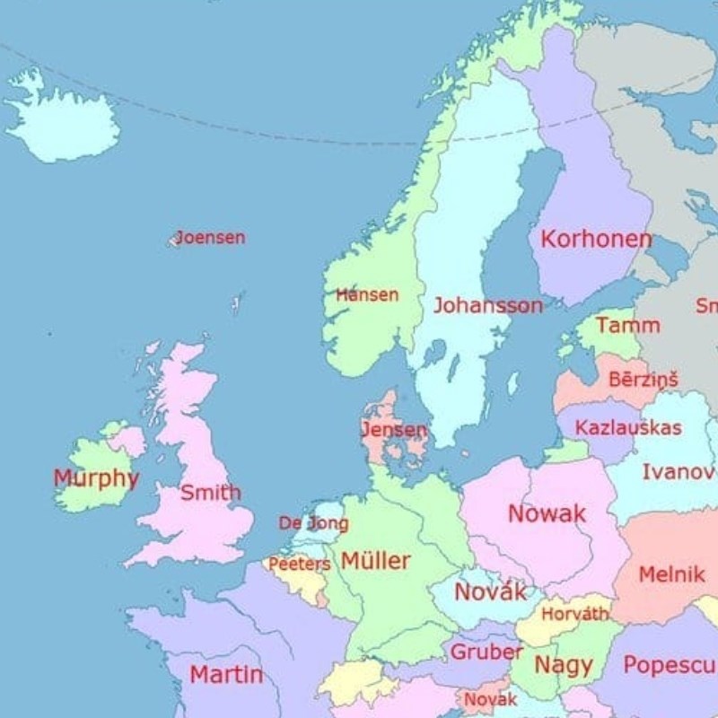 Ovo je karta s najčešćim prezimenima u Europi. Pogodite koje je najčešće u Hrvatskoj