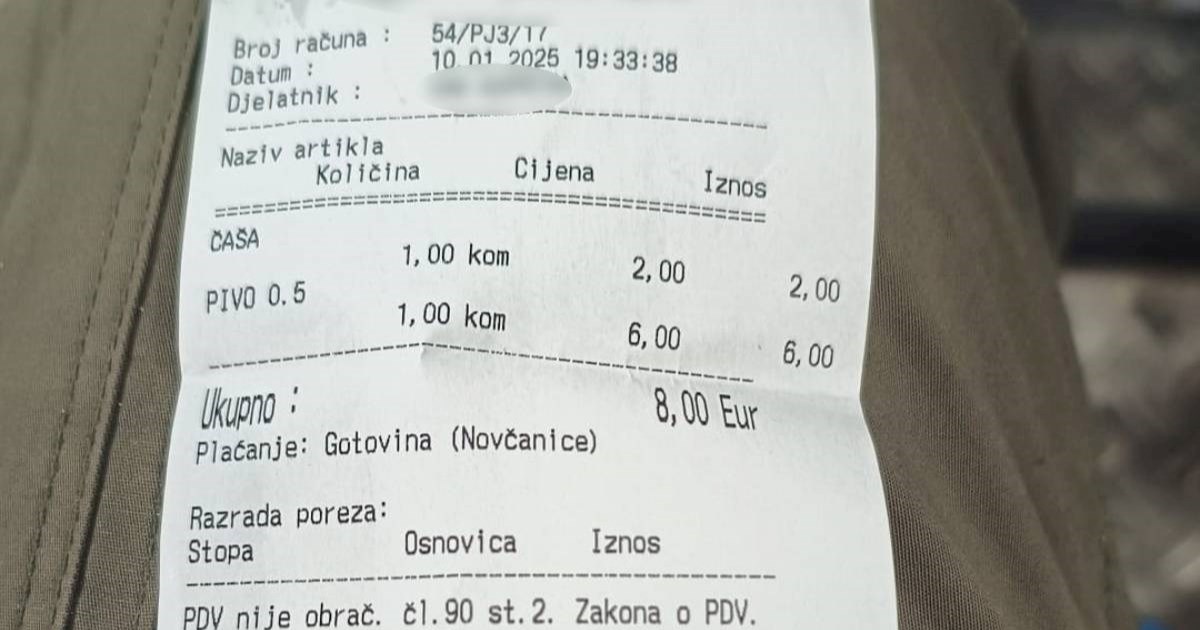 Račun na rukometnoj utakmici Hrvatska - Slovenija: Pivo 6 eura, čaša 2