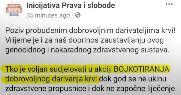 Organizatori prosvjeda protiv mjera pozvali na bojkot darivanja krvi, objavu obrisali