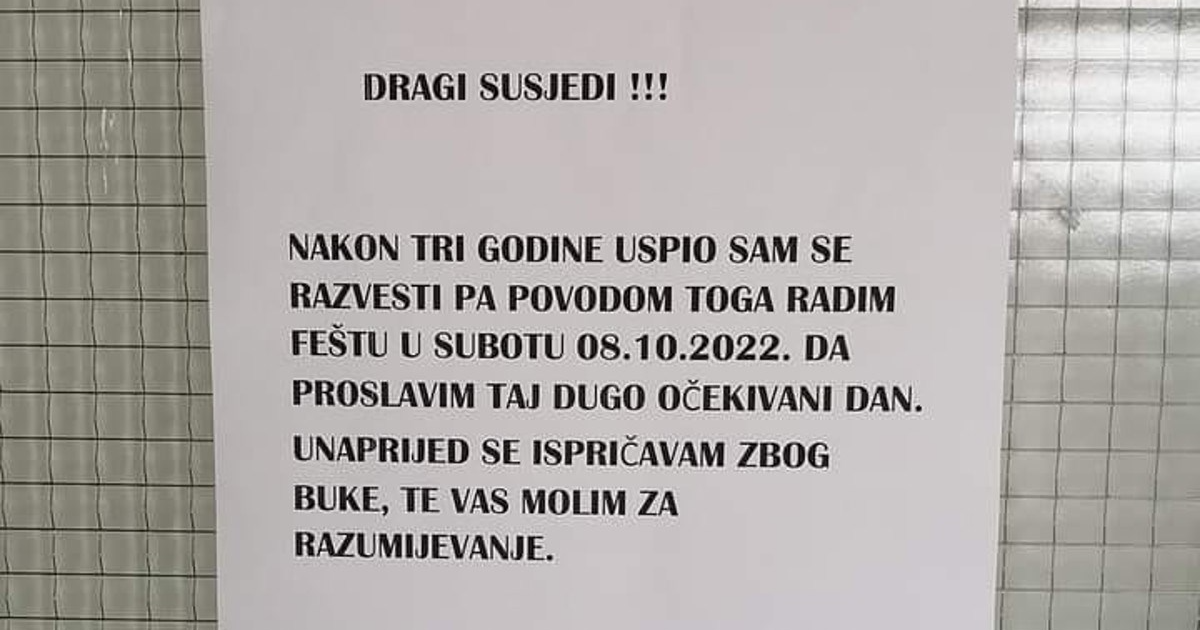 Zagrepčanin obavijestio susjede: "Uspio sam se razvesti pa slavim, isprike zbog buke"