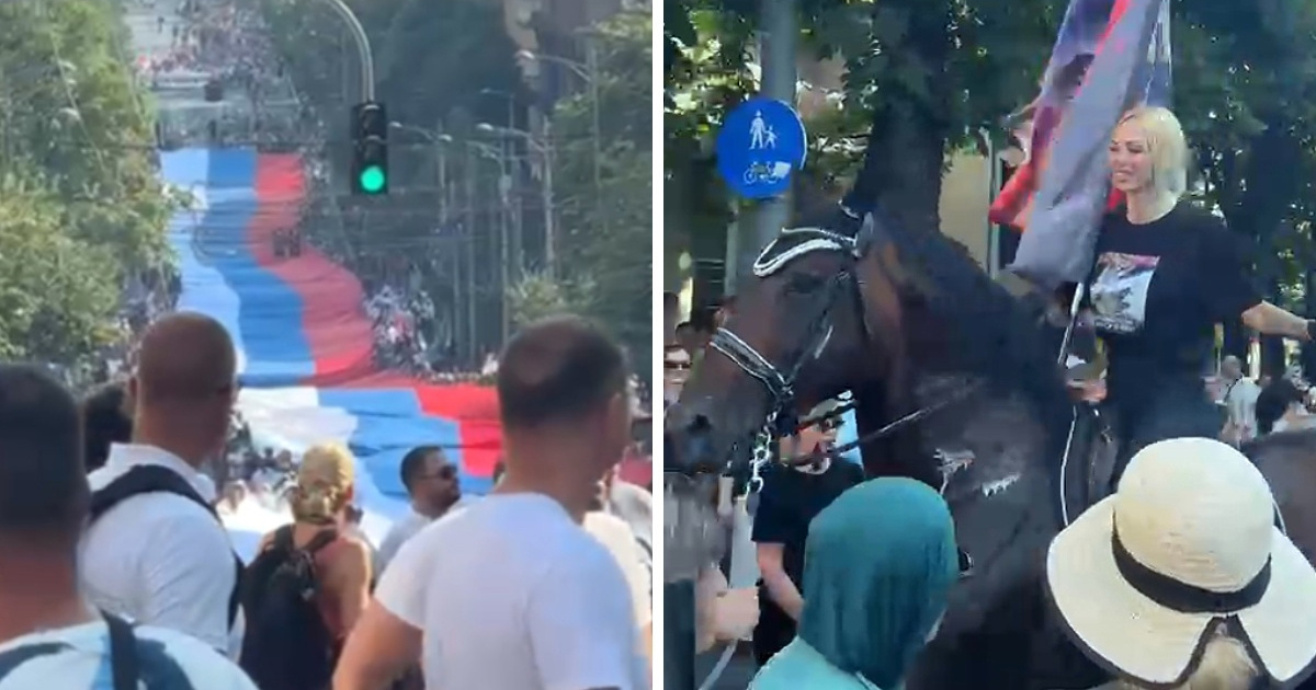 Kolone, divovska zastava i djevojka na konju. Ovako izgleda Vučićev skup u Beogradu