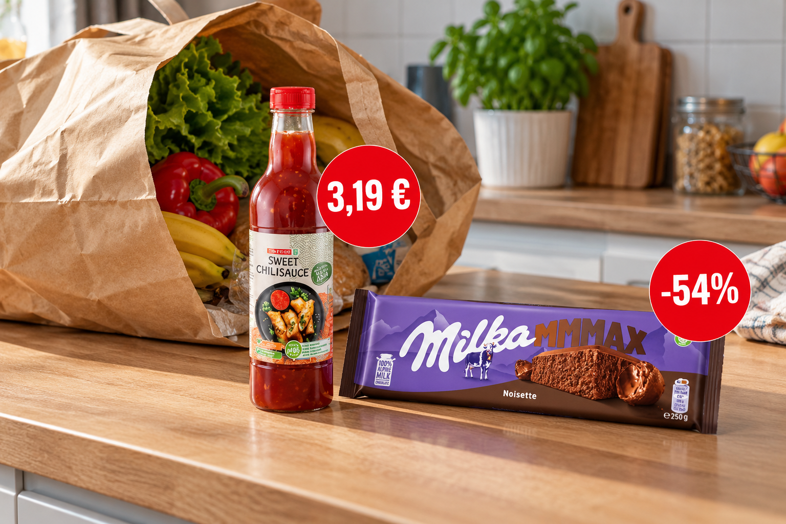 Spar Asia umak sweet chili s 8,49 na 3,19 eura, Milka čokolada Noisette na -54%