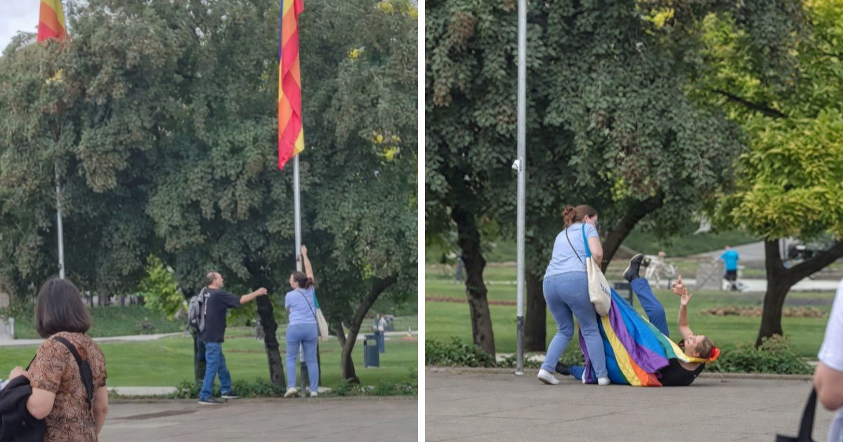 VIDEO Žena skinula LGBT zastave u Zagrebu, muškarac je pokušao spriječiti