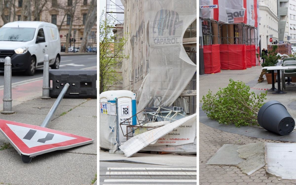 FOTO Vjetar po Zagrebu rušio ograde, stupiće, prometne znakove...