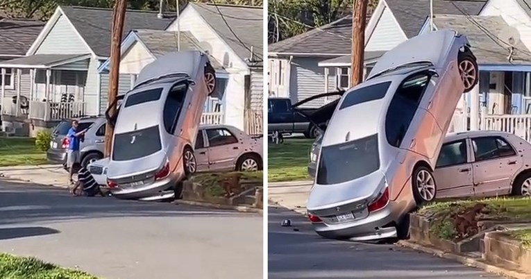 VIDEO BMW-om sudjelovao u bizarnoj nesreći i ostao visjeti u zraku