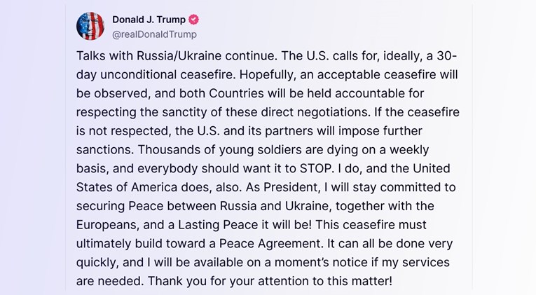 Trump pozvao na 30-dnevno bezuvjetno primirje, prijeti novim sankcijama