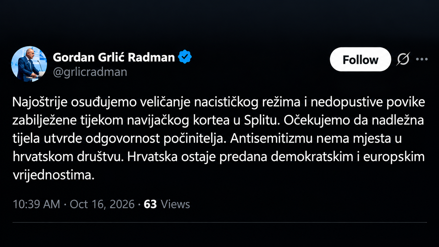 Grlić Radman o Torcidi: Nedopustivo veličanje nacističkog režima