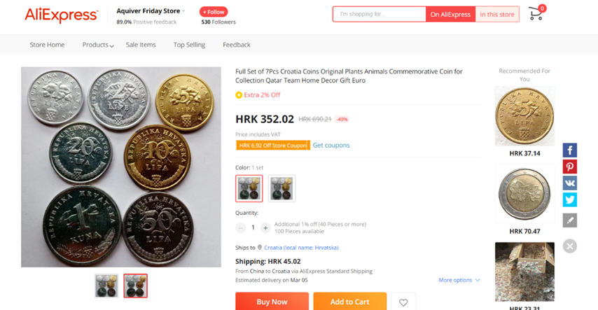 Kovanice kune prodaju se na AliExpressu. Pogledajte cijene