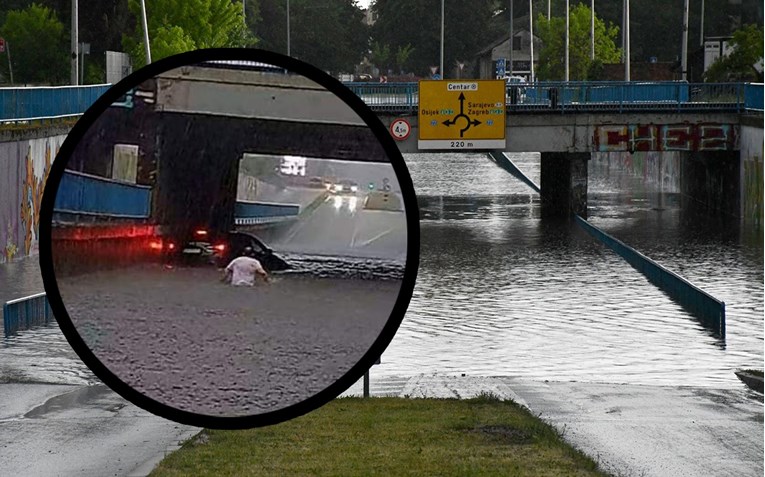 VIDEO Slavonski Brod se zabijelio od tuče, poplavljeni podrumi, auto ostao pod vodom