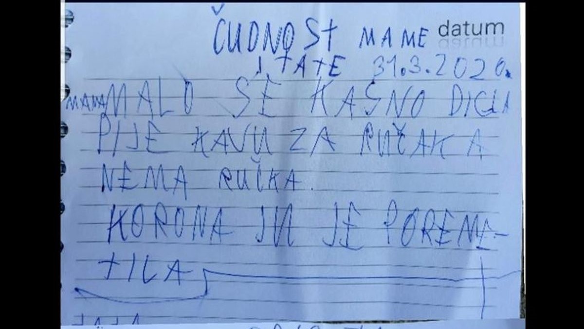 Dječak iz Dalmacije vodio bilješke o mami i tati za vrijeme korone: Leži ko trut