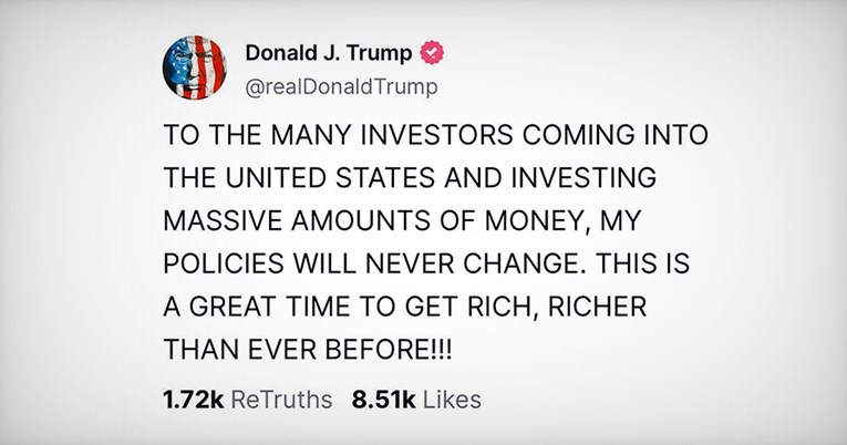 Trump: OVO JE SJAJNO VRIJEME DA SE OBOGATITE!!!
