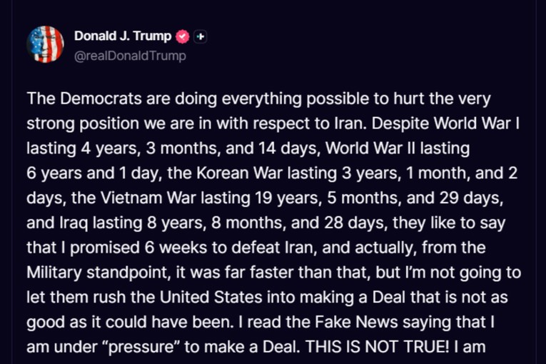 Trump: Drugi svjetski rat trajao 6 godina, Vijetnamski 19 godina. Neće me požurivati
