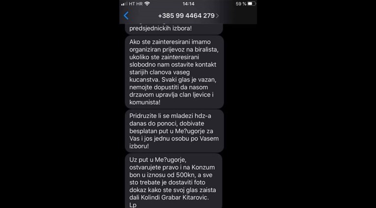 Ovo je SMS navodne kupovine glasova, nudi se put u Međugorje i bon od 500 kuna