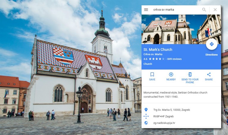 Google Maps opisuje crkvu svetog Marka kao "srpsku pravoslavnu"